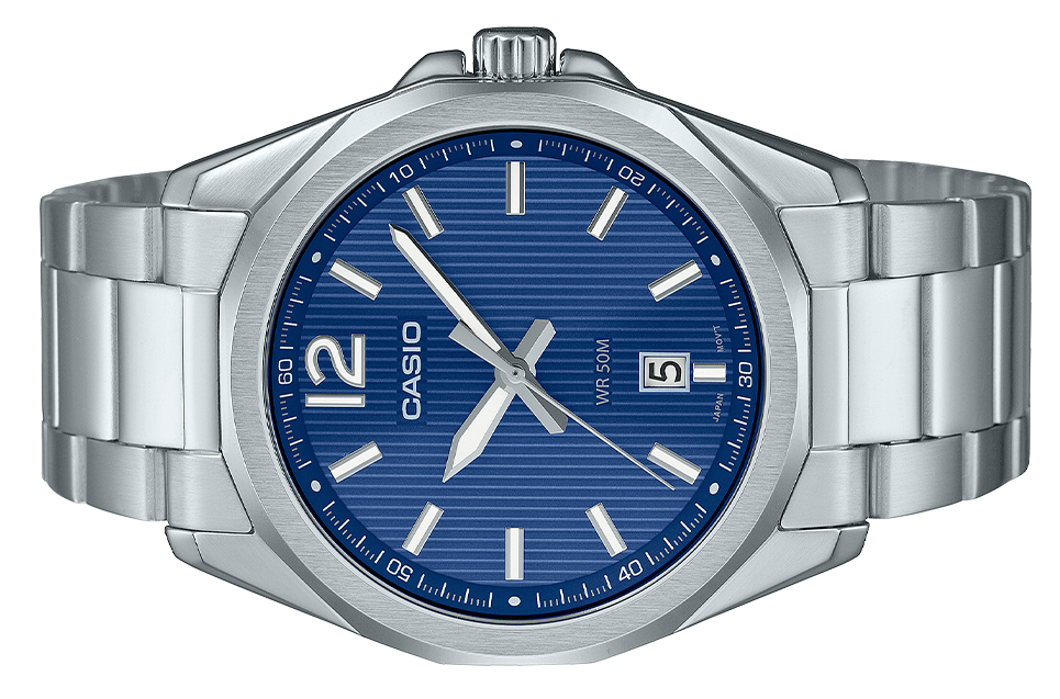MTP-E725D-2AVDF Casio Blue Dial Silver Stainless Steel Chain Analog Quartz Men's Watch. - Timecheck