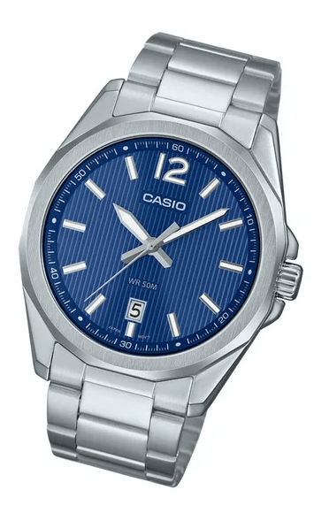 MTP-E725D-2AVDF Casio Blue Dial Silver Stainless Steel Chain Analog Quartz Men's Watch. - Timecheck