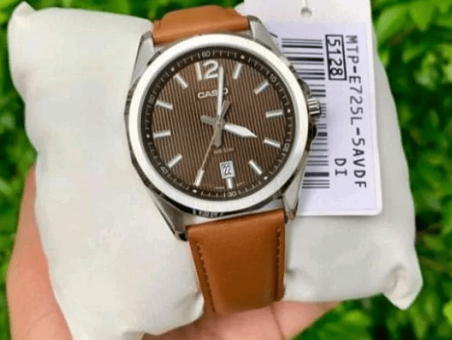 MTP-E725L-5AVDF Black Dial Steel Case Brown Leather Strap Analog Quartz Men's Watch. - Timecheck