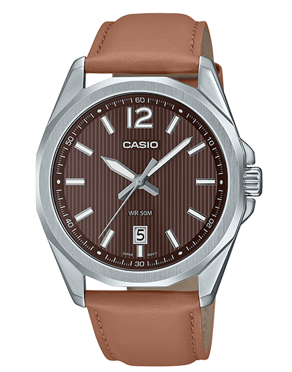 MTP-E725L-5AVDF Black Dial Steel Case Brown Leather Strap Analog Quartz Men's Watch. - Timecheck