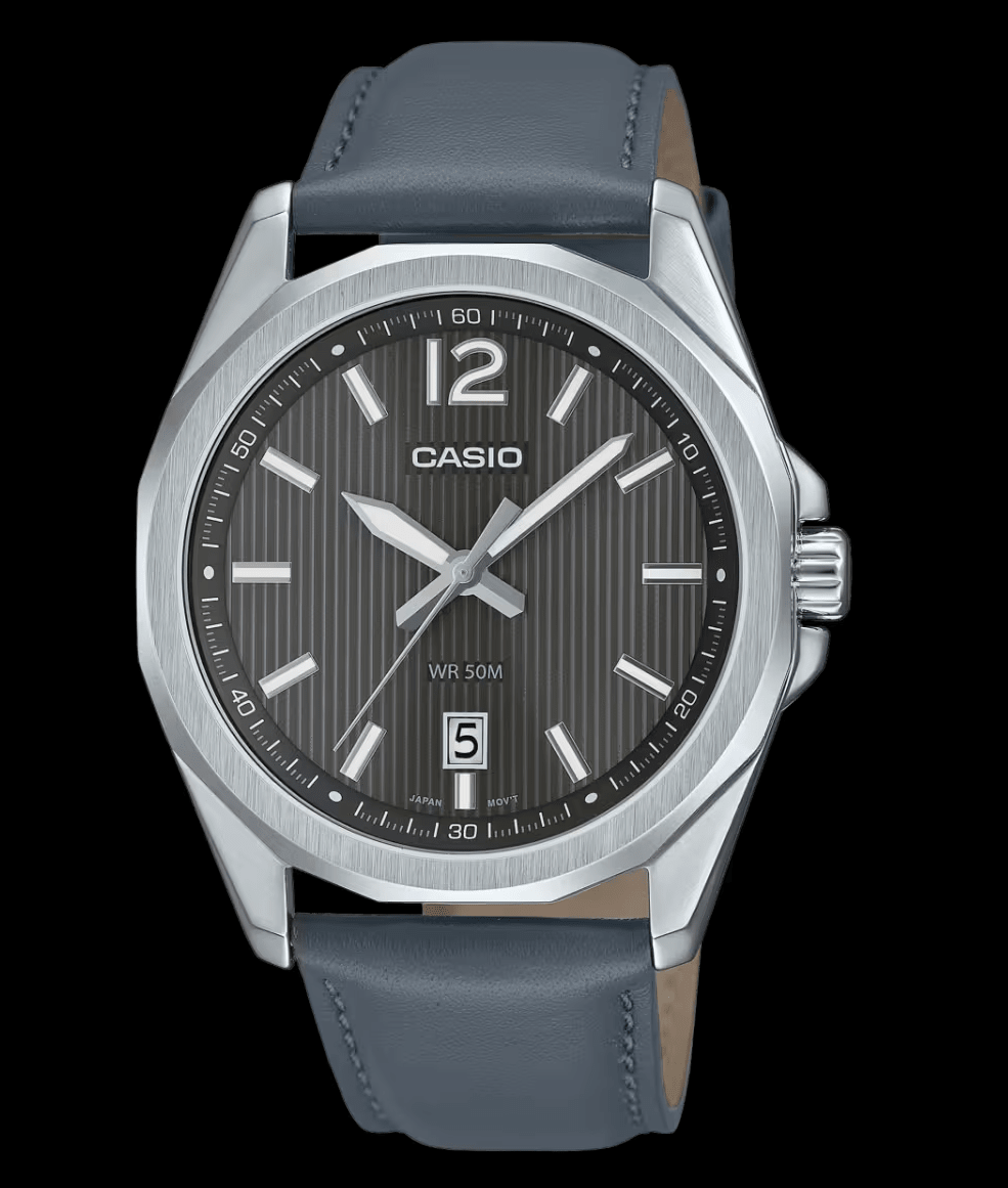 MTP-E725L-8AVDF Casio Blacl Dial Steel Case Gray Leather Strap Analog Quartz Men's Watch. - Timecheck