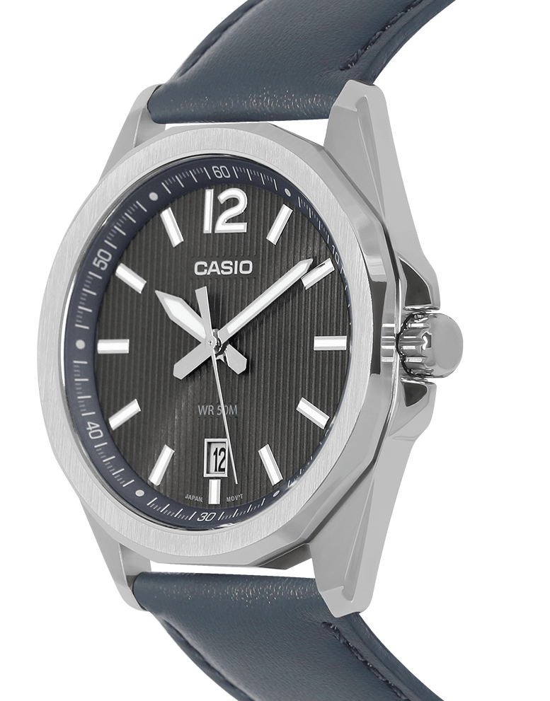 MTP-E725L-8AVDF Casio Blacl Dial Steel Case Gray Leather Strap Analog Quartz Men's Watch. - Timecheck