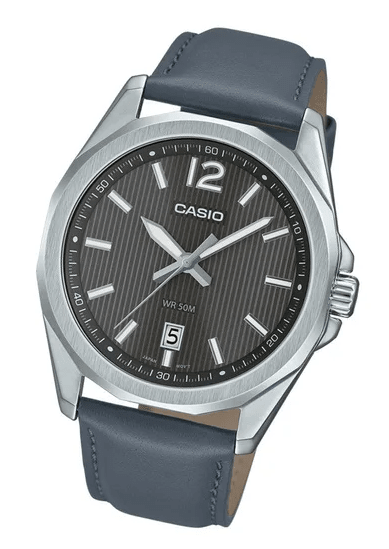 MTP-E725L-8AVDF Casio Blacl Dial Steel Case Gray Leather Strap Analog Quartz Men's Watch. - Timecheck