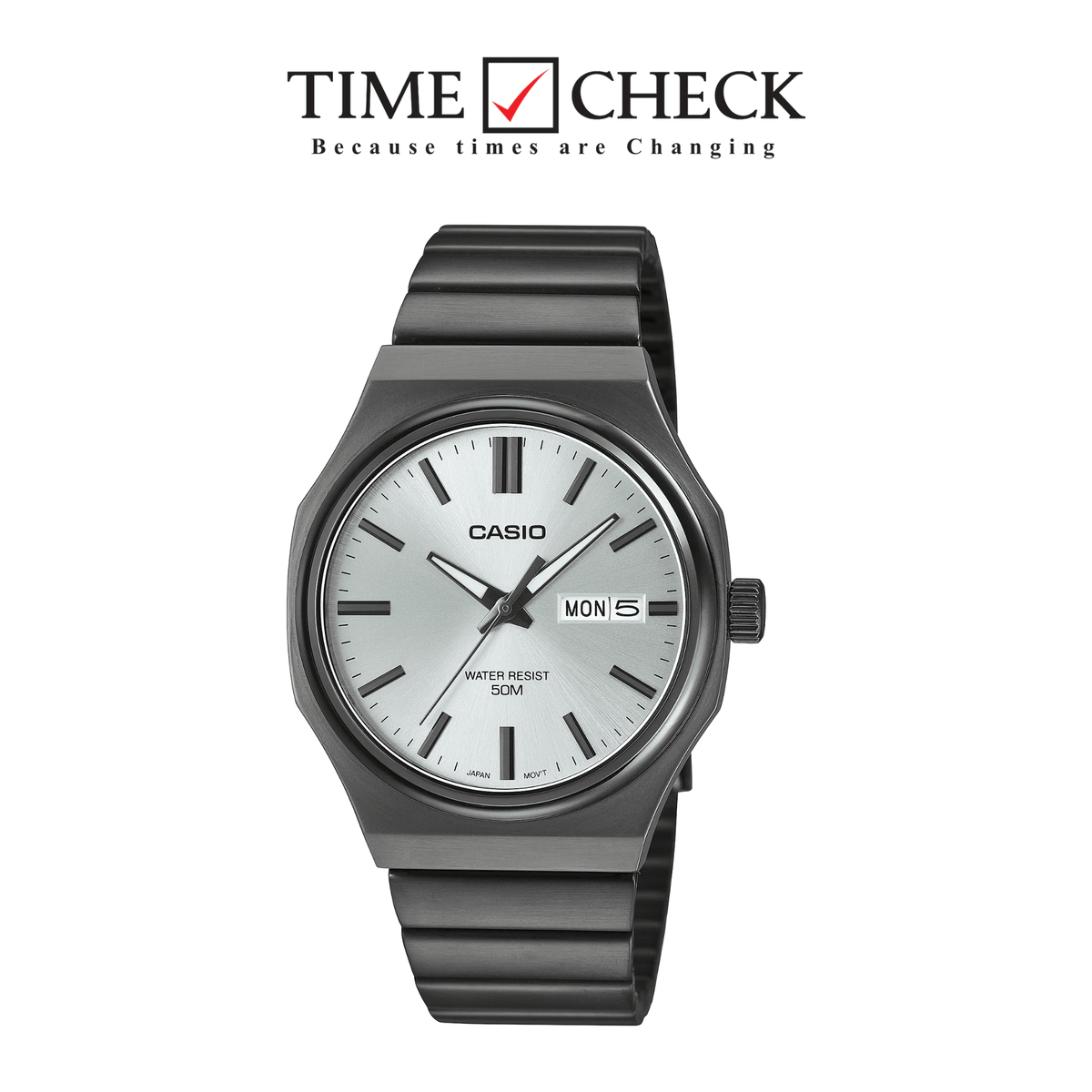MTP-E735B-7A Casio Gray Dial Black Stainless Steel Chain Analog Quartz Day& Date Men's Watch With Box & Bag - Timecheck