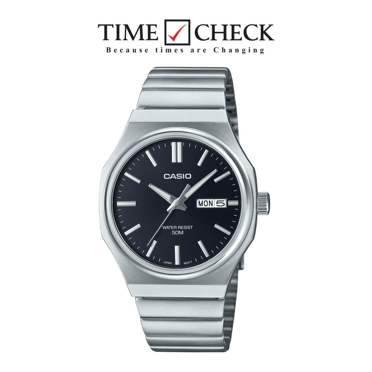 MTP-E735D-1A Casio Black Dial Silver Stainless Steel Chain Analog Quartz Day& Date Men's Watch With Box & Bag - Timecheck