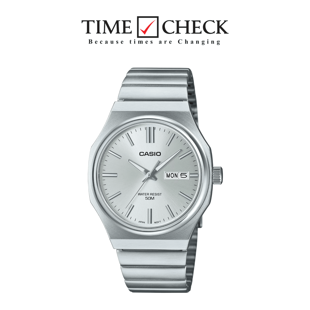 MTP-E735D-7A Casio Silver Dial Silver Stainless Steel Chain Analog Quartz Day& Date Men's Watch With Box & Bag - Timecheck