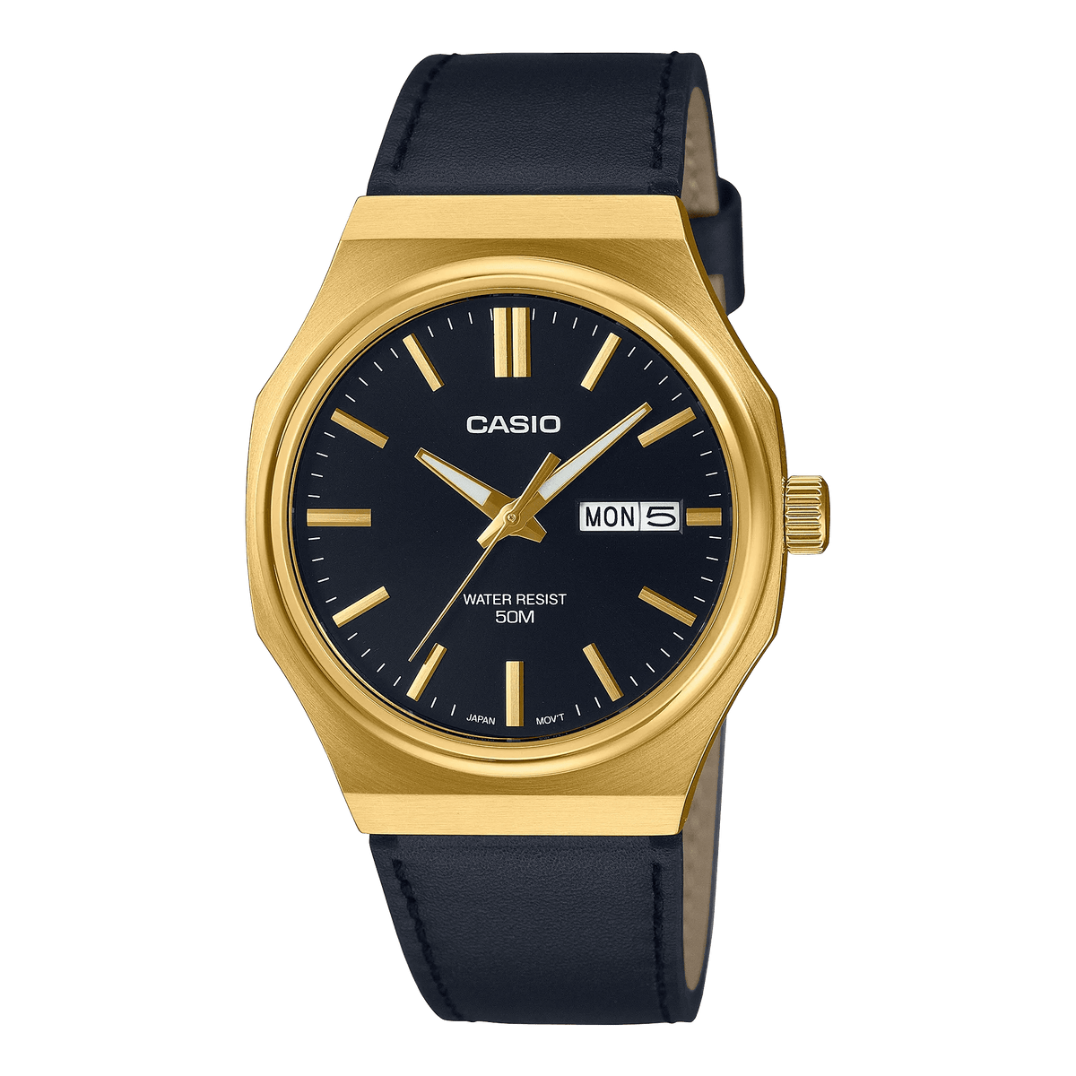 MTP-E735GL-1AVDF Casio Black Dial Black Lather Straps Analog Quartz Day& Date Men's Watch With Box & Bag - Timecheck