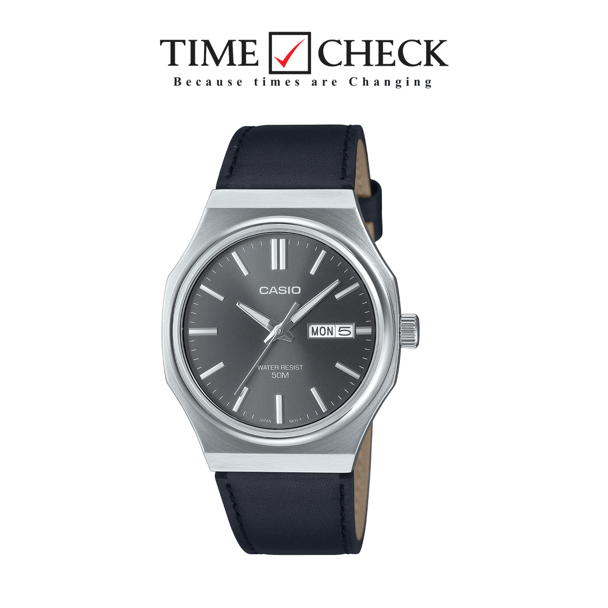 MTP-E735L-8A Casio Black Dial Black Lather Straps Analog Quartz Day& Date Men's Watch With Box & Bag - Timecheck