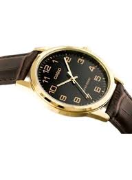 MTP-V001GL-1BUDF Casio Black Dial Brown Leather Strap Analog Quartz Men's Watch. - Timecheck
