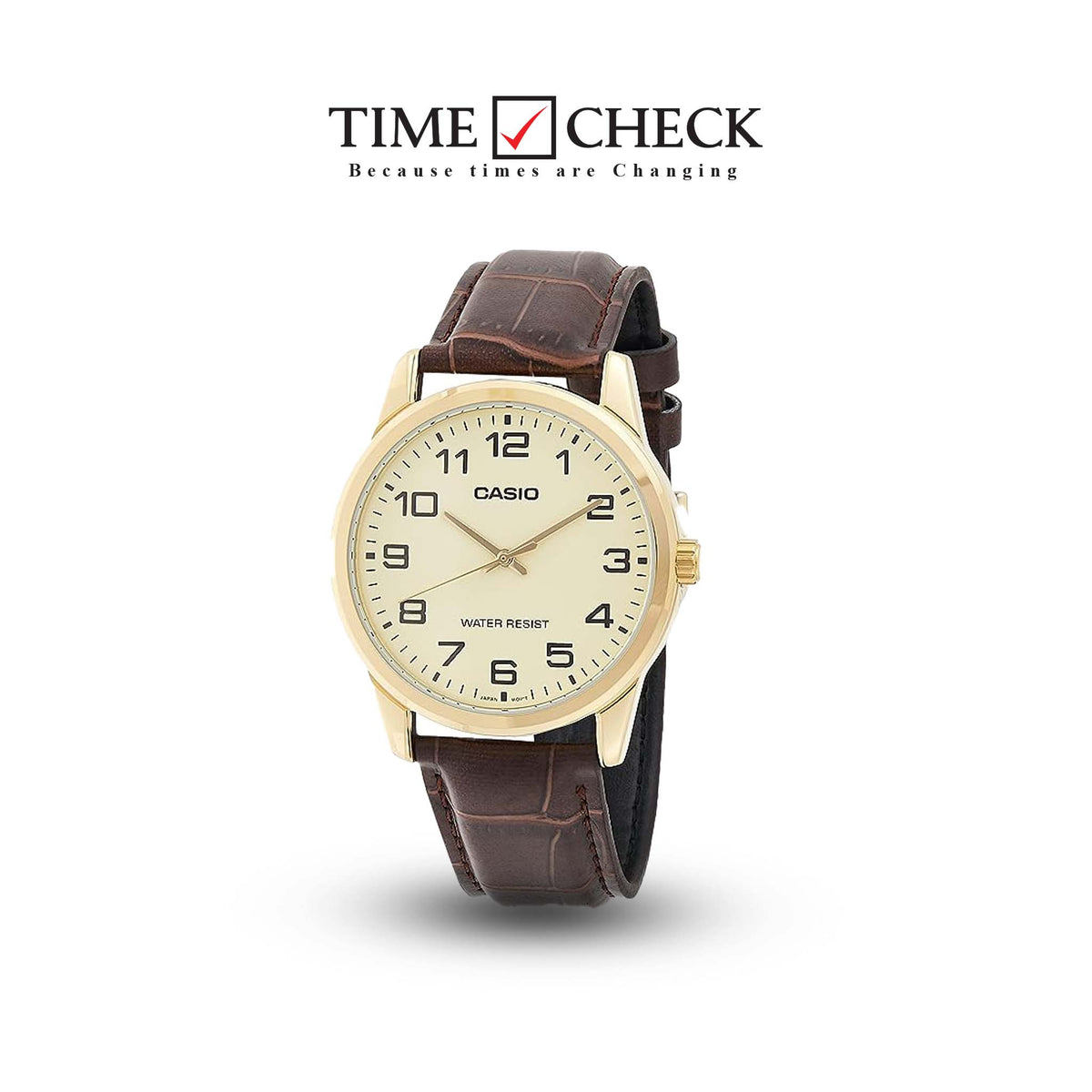 MTP-V001GL-9BUDF Casio Stainless Steel with Leather Strap, Quartz Men's Watch. - Timecheck