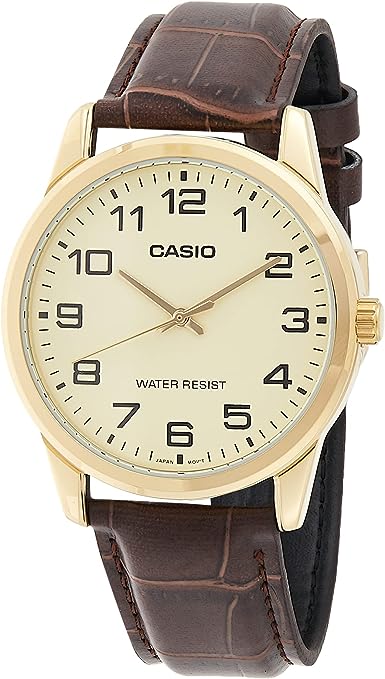 MTP-V001GL-9BUDF Casio Stainless Steel with Leather Strap, Quartz Men's Watch. - Timecheck
