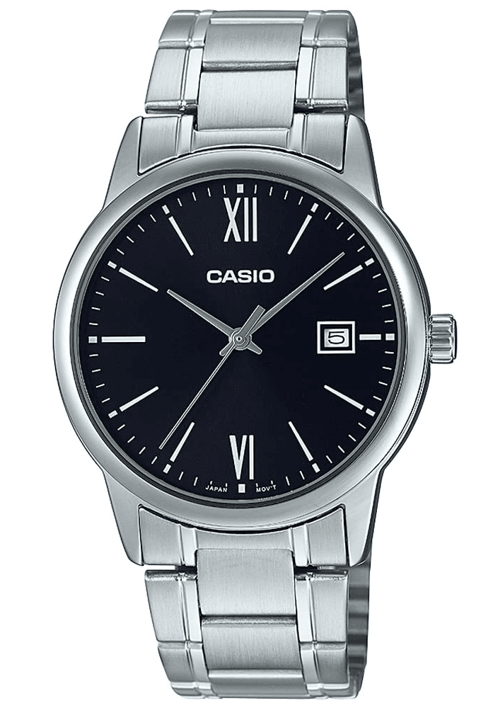 MTP-V002D-1B3UDF Casio Black Dial Silver Stainless Steel Chain Analog Men's Watch. - Timecheck