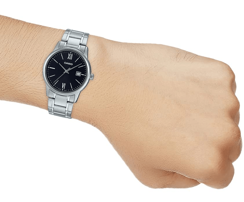 MTP-V002D-1B3UDF Casio Black Dial Silver Stainless Steel Chain Analog Men's Watch. - Timecheck