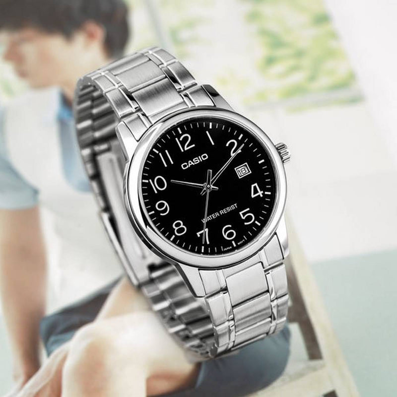 Casio MTP-V002D-1BUDF quartz mens watch featuring a classic black dial with date display and polished stainless link bracelet