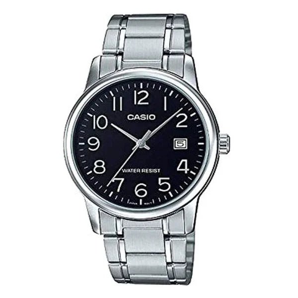 MTP-V002D-1BUDF Casio Black Dial Silver Stainless Steel Chain Analog Men's Watch. - Timecheck