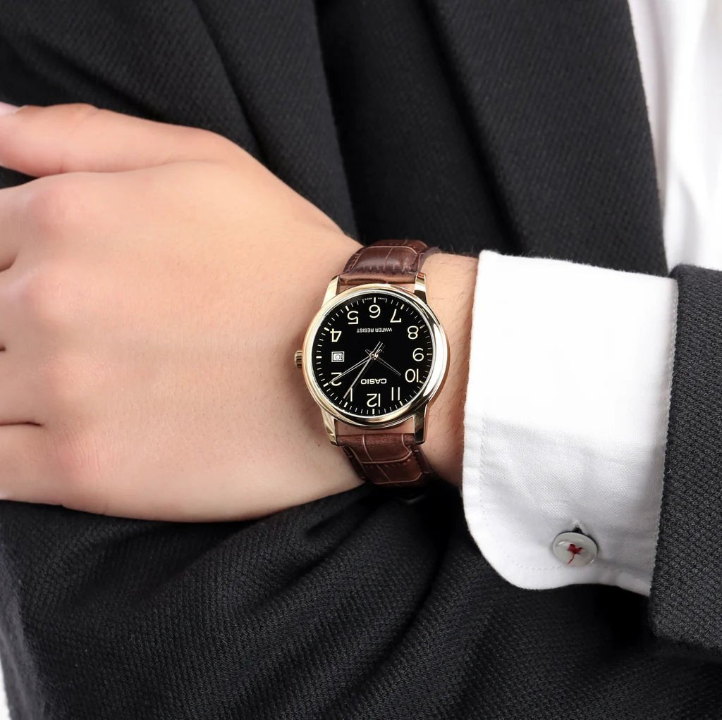 MTP-V002GL-1BUDF Casio Black Dial Brown Leather Strap Analog Quartz Men's Watch. - Timecheck