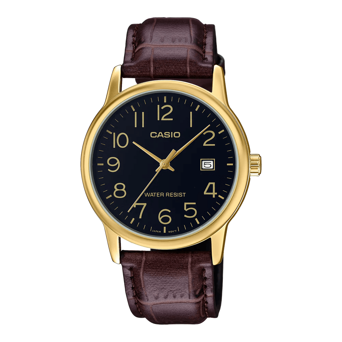MTP-V002GL-1BUDF Casio Black Dial Brown Leather Strap Analog Quartz Men's Watch. - Timecheck