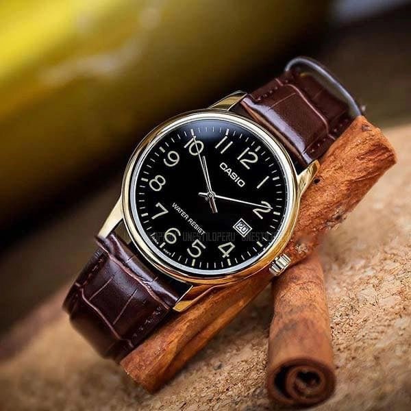 MTP-V002GL-1BUDF Casio Black Dial Brown Leather Strap Analog Quartz Men's Watch. - Timecheck
