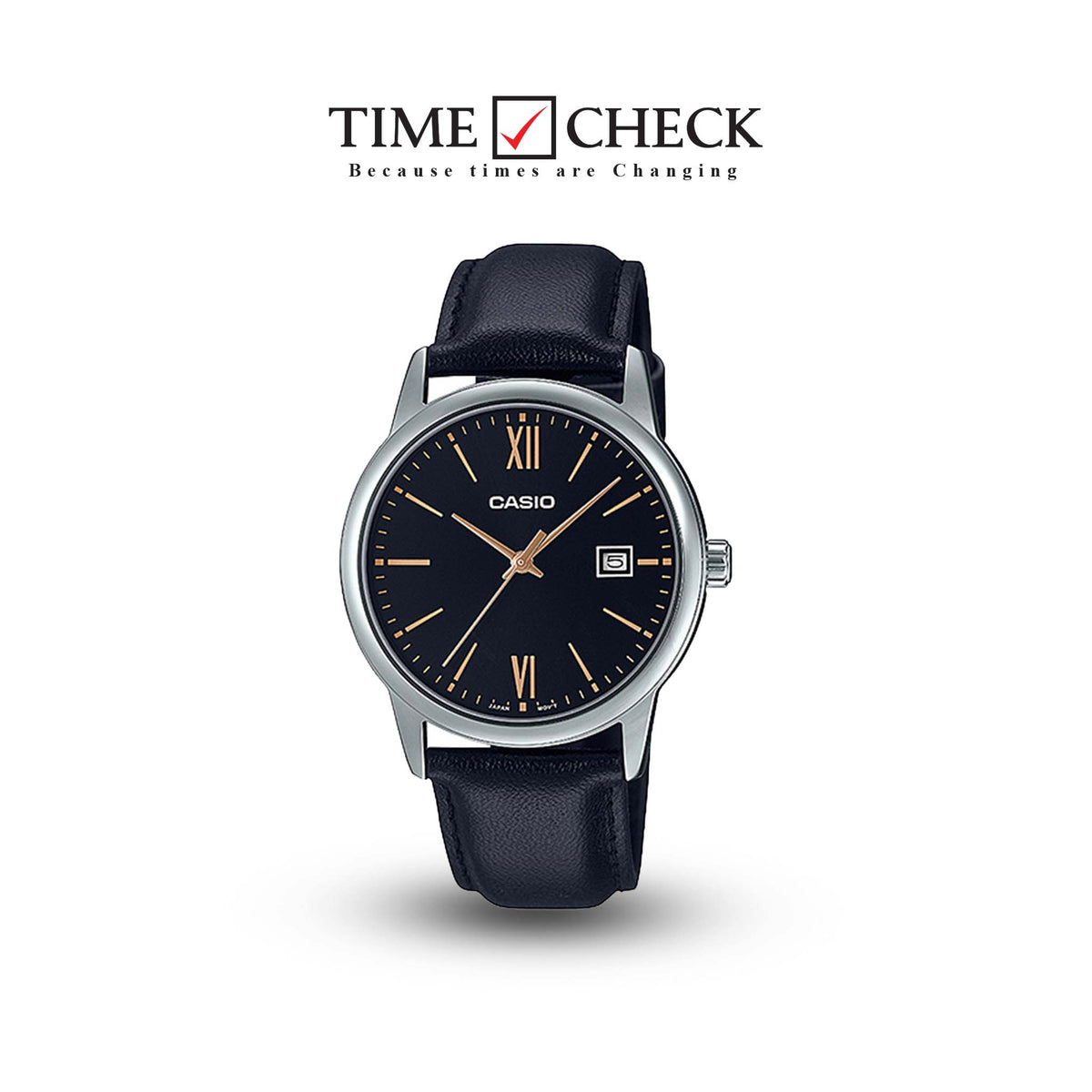 MTP-V002L-1B3UDF Casio Black Dial Black Leather Strap Analog Quartz Men's Watch. - Timecheck