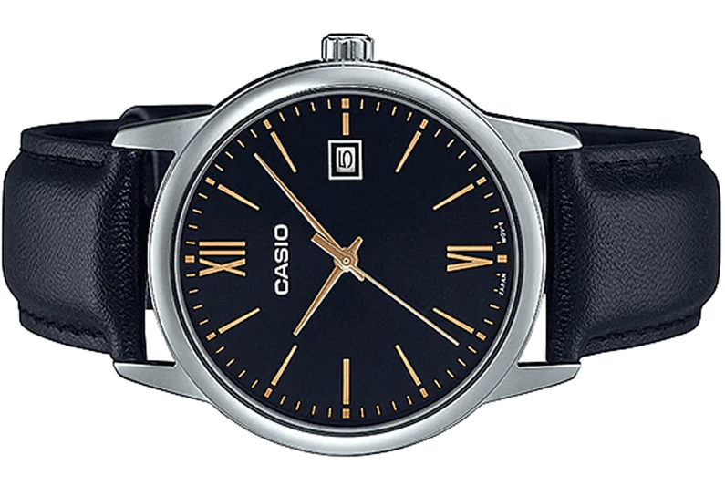 MTP-V002L-1B3UDF Casio Black Dial Black Leather Strap Analog Quartz Men's Watch. - Timecheck