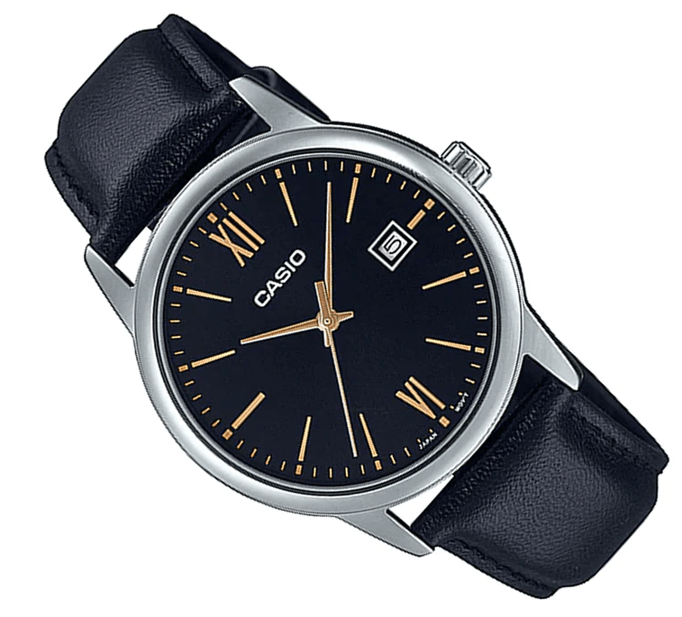 MTP-V002L-1B3UDF Casio Black Dial Black Leather Strap Analog Quartz Men's Watch. - Timecheck