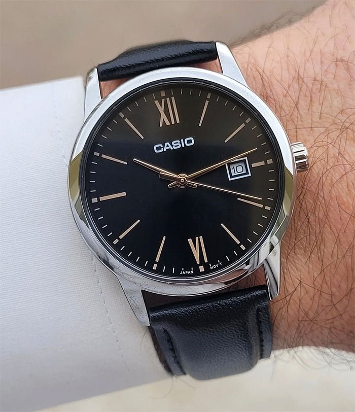 MTP-V002L-1B3UDF Casio Black Dial Black Leather Strap Analog Quartz Men's Watch. - Timecheck