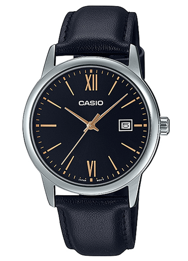 MTP-V002L-1B3UDF Casio Black Dial Black Leather Strap Analog Quartz Men's Watch. - Timecheck
