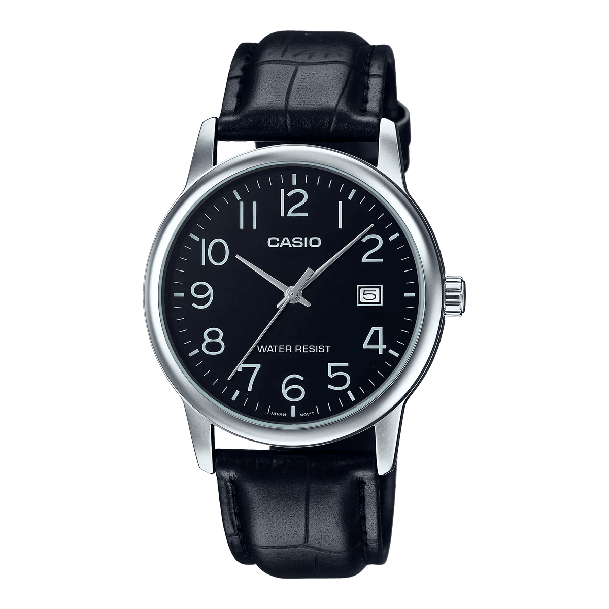 MTP-V002L-1BUDF Casio Black Dial Black Leather Strap Analog Quartz Men's Watch. - Timecheck