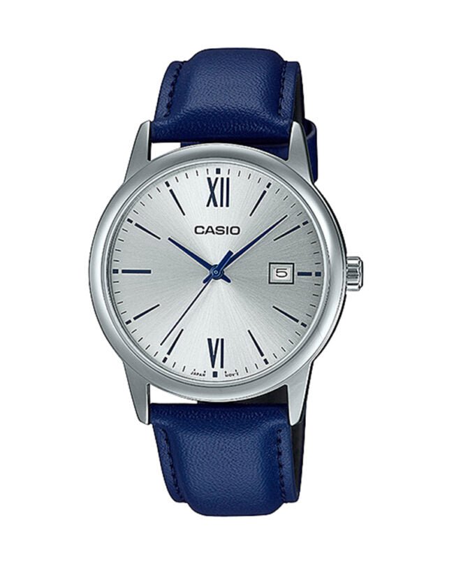 MTP-V002L-2B3UDF Casio Silver Dial Blue Leather Strap Analog Quartz Men's Watch. - Timecheck