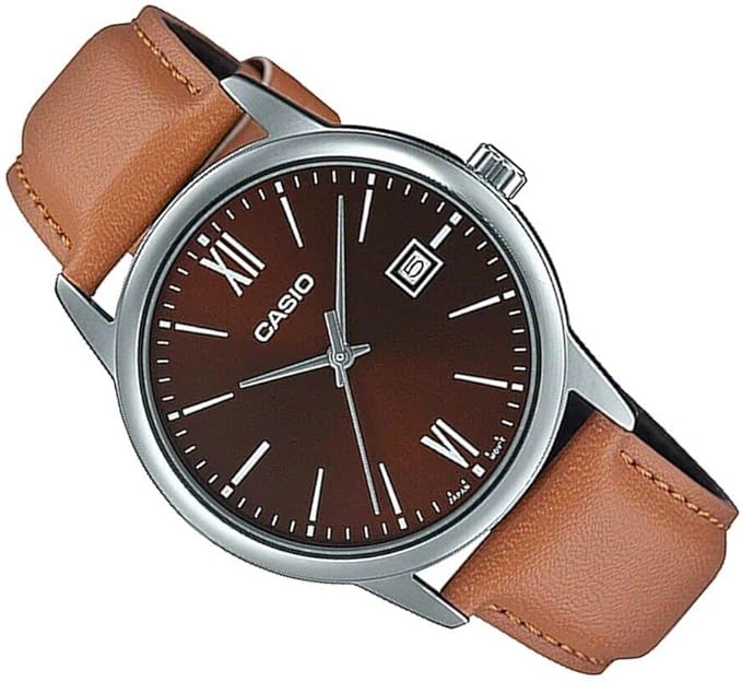 MTP-V002L-5B3UDF Casio Brown Dial Leather Strap Analog Quartz Men's Watch. - Timecheck