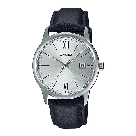 MTP-V002L-7B3UDF Casio Silver Dial Black Leather Strap Analog Quartz Men's Watch. - Timecheck