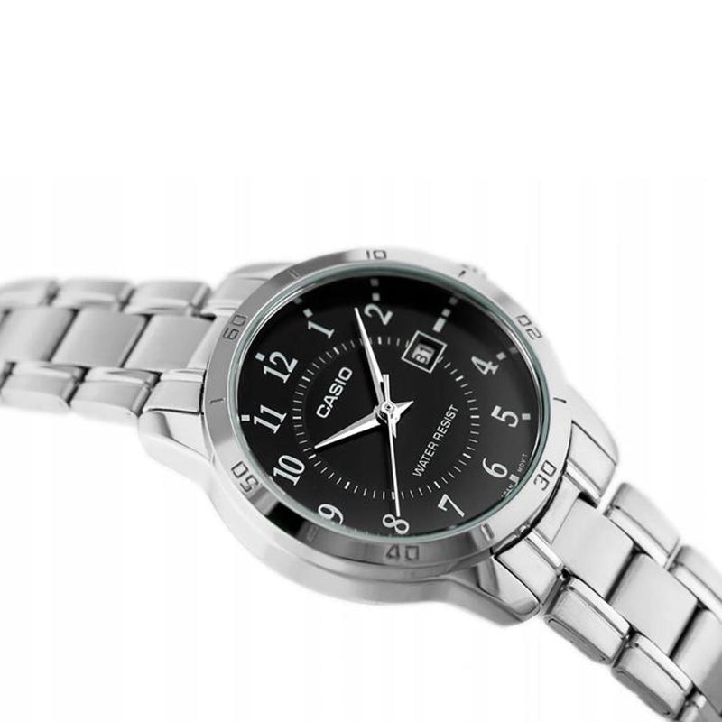 Casio MTP-V004D-1BUDF analog quartz men's watch featuring a black dial with date display and polished stainless link bracelet
