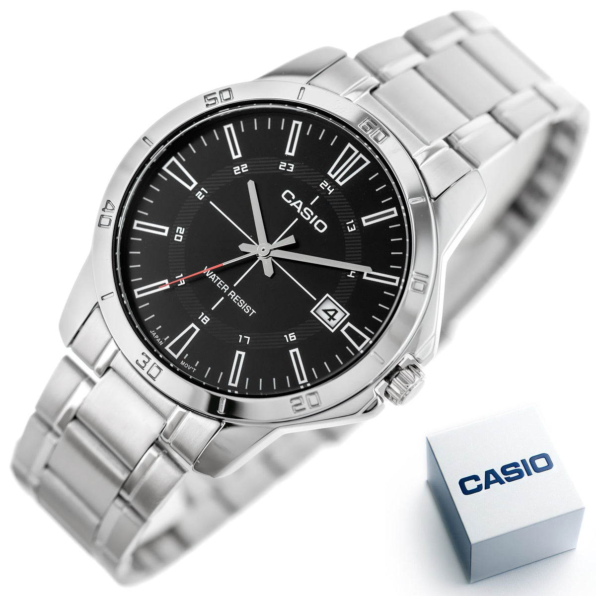 MTP-V004D-1CUDF Casio Black Dial Stainless Steel Chain Analog Quartz Men's Watch. - Timecheck