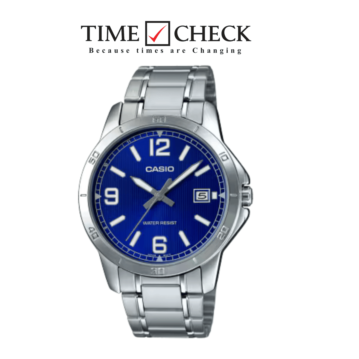 MTP-V004D-2B Casio Silver Dial Blue Stainless Steel Chain Analog Quartz Men's Watch. - Timecheck