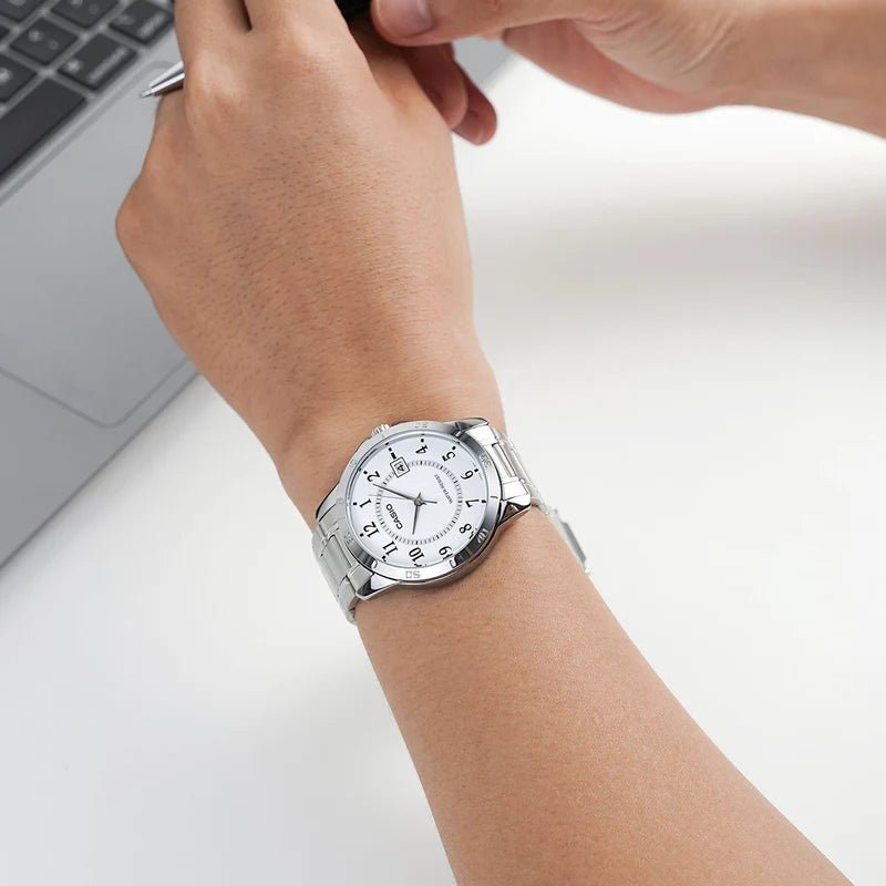 MTP-V004D-7BUDF Casio Silver White Dial Stainless Steel Chain Analog Quartz Men's Watch. - Timecheck