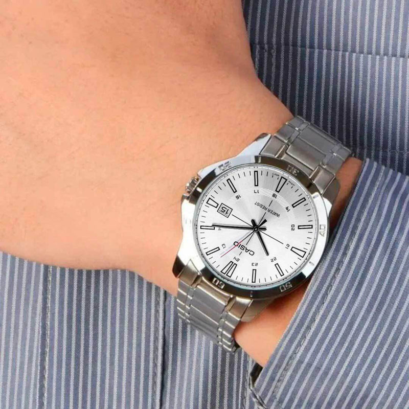 MTP-V004D-7CUDF Casio Grey White Dial Stainless Steel Chain Analog Quartz Men's Watch. - Timecheck