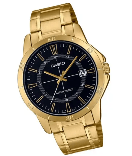 MTP-V004G-1CUDF Casio Black Dial Stainless Steel Gold Chain Quartz Men's Watch. - Timecheck