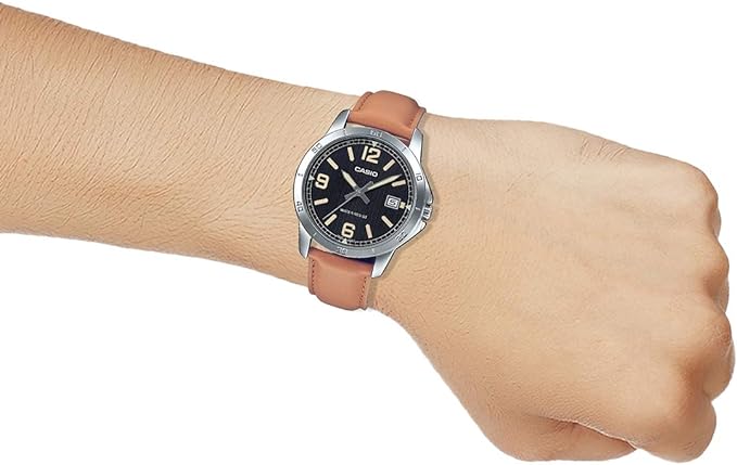 MTP-V004L-1B2UDF Casio Black Dial Brown Leather Strap Analog Quartz Men's Watch. - Timecheck