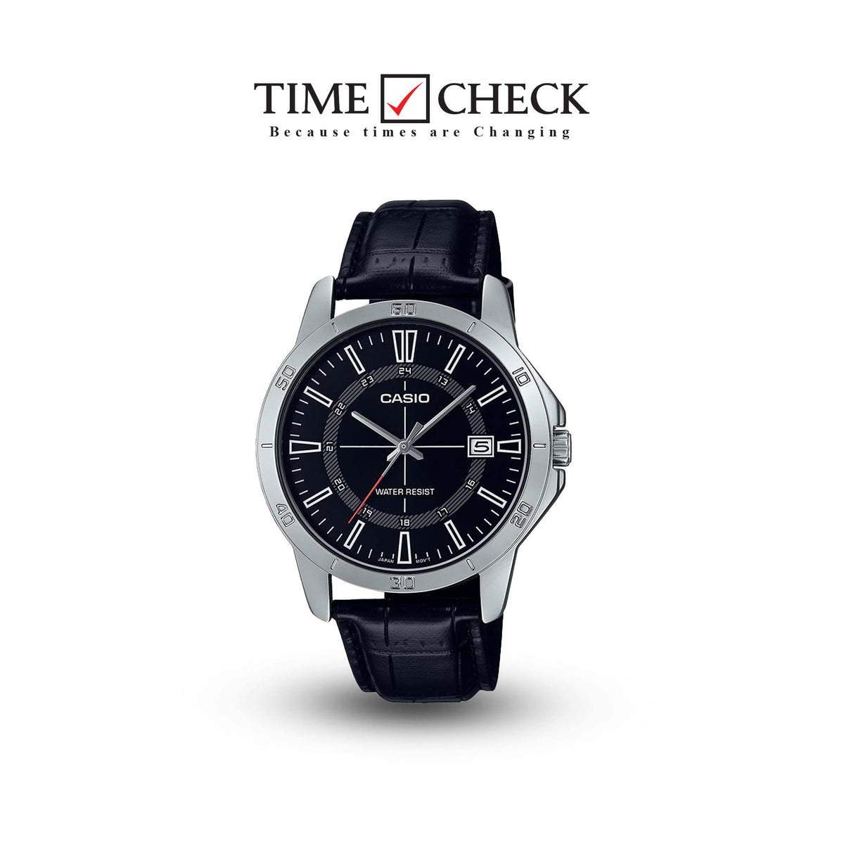 MTP-V004L-1CUDF Casio Black Dial Black Leather Strap Analog Quartz Men's Watch. - Timecheck