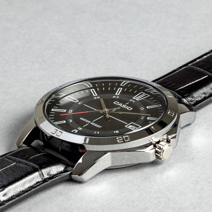 MTP-V004L-1CUDF Casio Black Dial Black Leather Strap Analog Quartz Men's Watch. - Timecheck