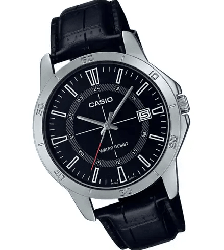 MTP-V004L-1CUDF Casio Black Dial Black Leather Strap Analog Quartz Men's Watch. - Timecheck