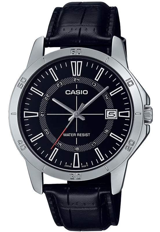 MTP-V004L-1CUDF Casio Black Dial Black Leather Strap Analog Quartz Men's Watch. - Timecheck