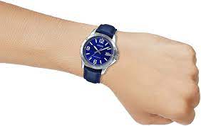 MTP-V004L-2BUDF Casio Blue Dial Blue Leather Strap Analog Quartz Men's Watch. - Timecheck