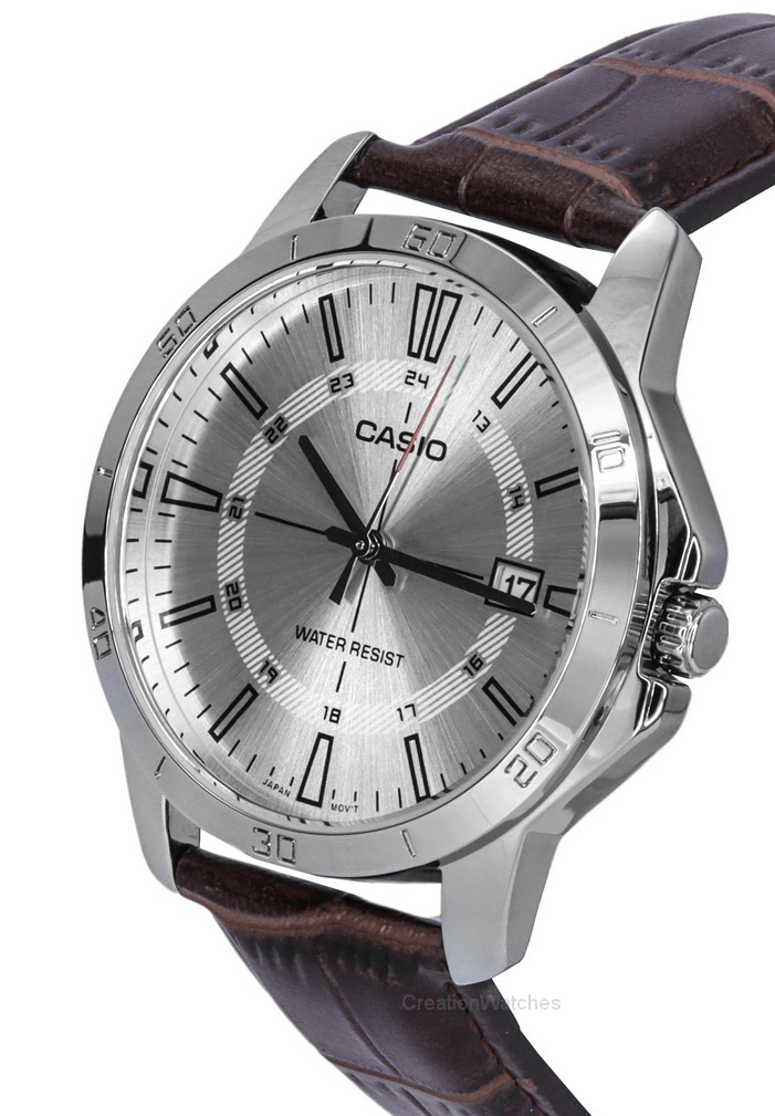 MTP-V004L-7CUDF Casio Silver Dial Brown Leather Strap Analog Quartz Men's Watch. - Timecheck