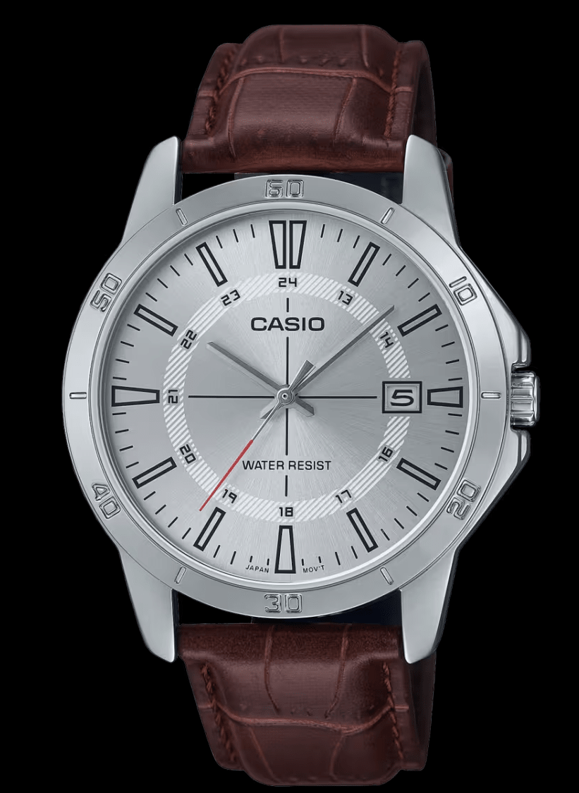MTP-V004L-7CUDF Casio Silver Dial Brown Leather Strap Analog Quartz Men's Watch. - Timecheck