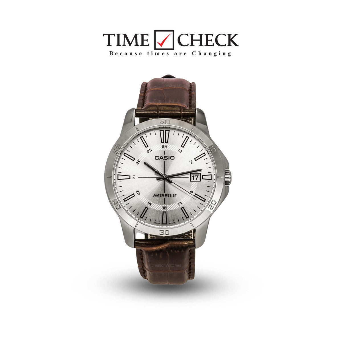 MTP-V004L-7CUDF Casio Silver Dial Brown Leather Strap Analog Quartz Men's Watch. - Timecheck