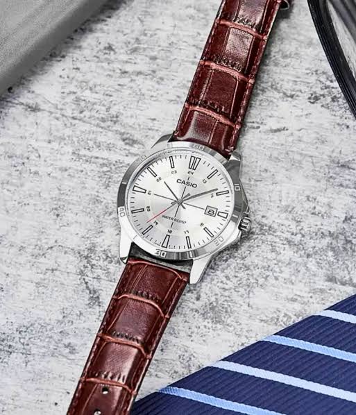 MTP-V004L-7CUDF Casio Silver Dial Brown Leather Strap Analog Quartz Men's Watch. - Timecheck
