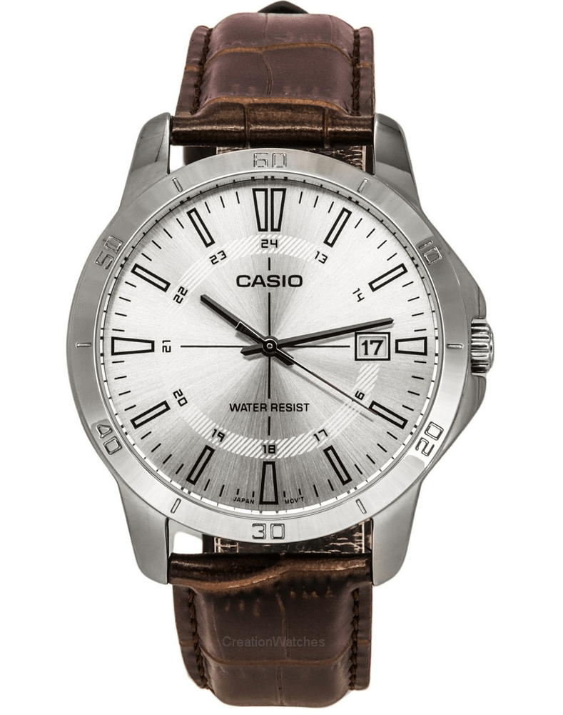 MTP-V004L-7CUDF Casio Silver Dial Brown Leather Strap Analog Quartz Men's Watch. - Timecheck