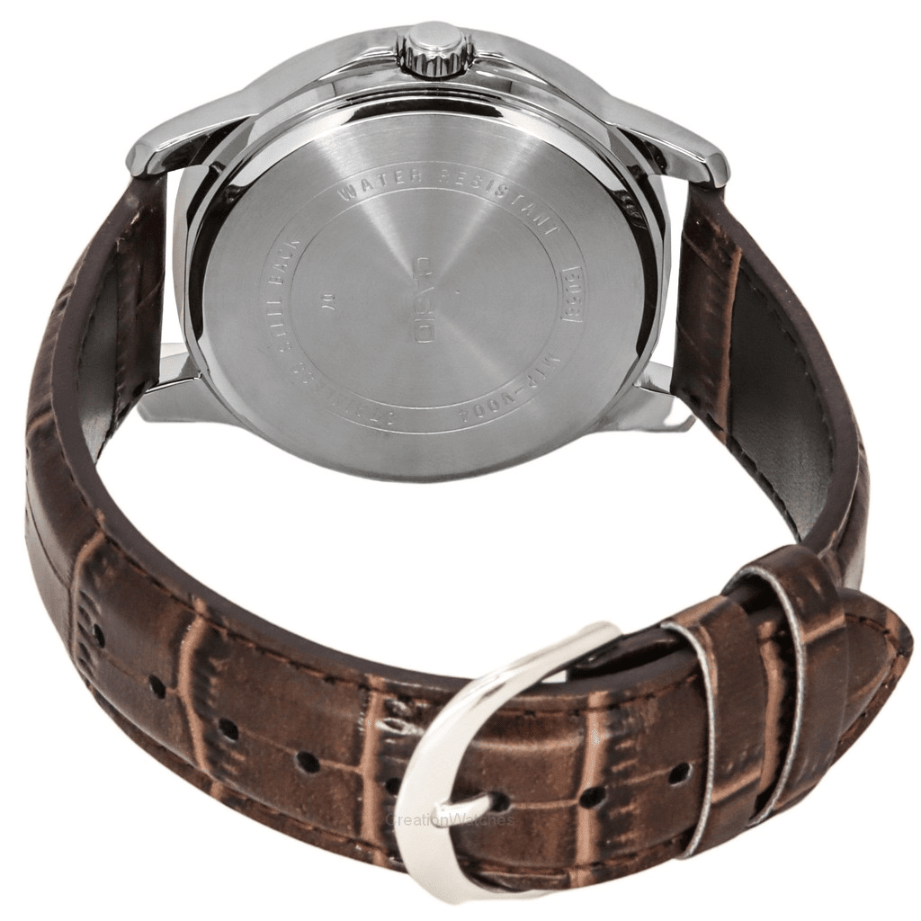 MTP-V004L-7CUDF Casio Silver Dial Brown Leather Strap Analog Quartz Men's Watch. - Timecheck