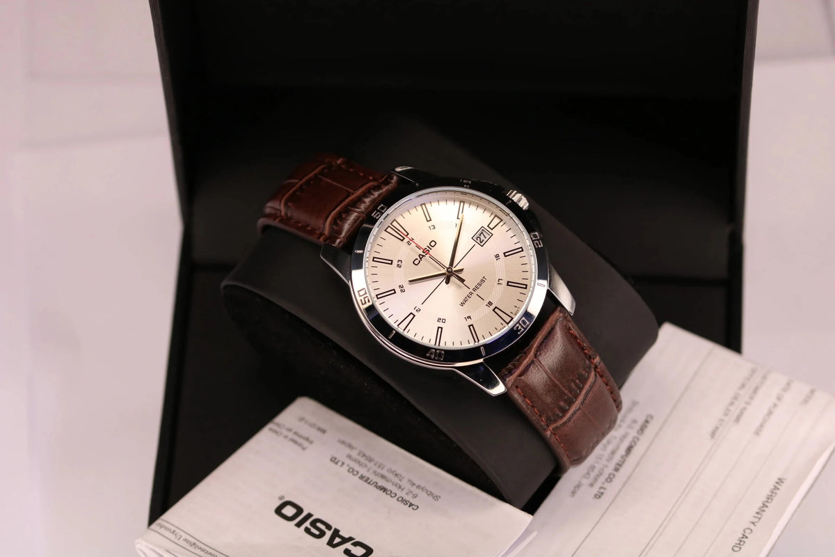 MTP-V004L-7CUDF Casio Silver Dial Brown Leather Strap Analog Quartz Men's Watch. - Timecheck